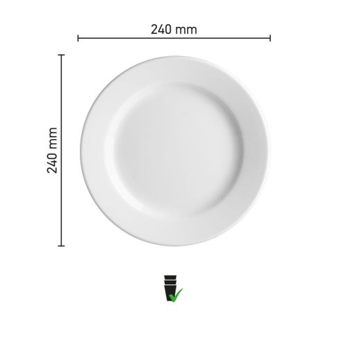 Infographic met afmetingen van bord Princip 24 cm porselein, inclusief diameter en randhoogte.