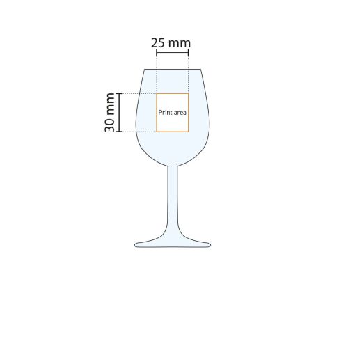 Drukgebiedweergave voor logo-opdruk op het Bouquet portglas 14 cl. in werktekening.