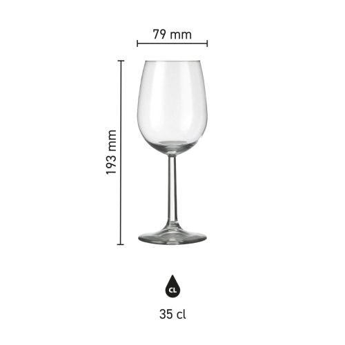 Infographic met afmetingen van Bouquet wijnglas 35 cl. in glas, met hoogte en diameter.