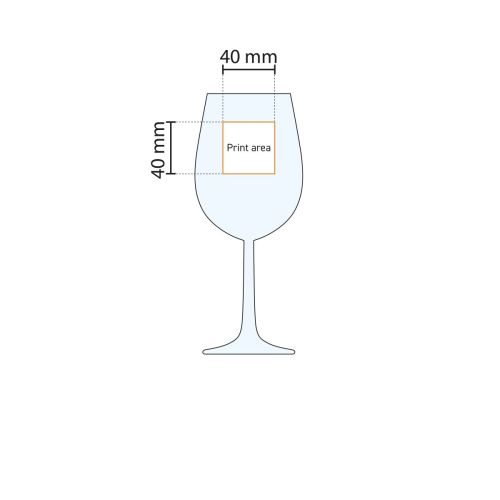 Drukgebiedweergave van het Bouquet wijnglas 45 cl., met exacte positionering van bedrukking.