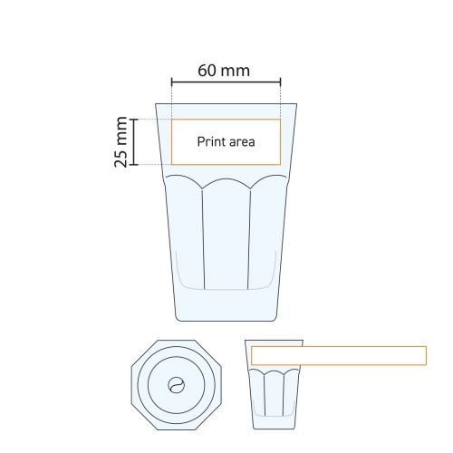 Casablanca Longdrink glas 35,5 cl. met drukgebied visueel weergegeven in technische werktekening.