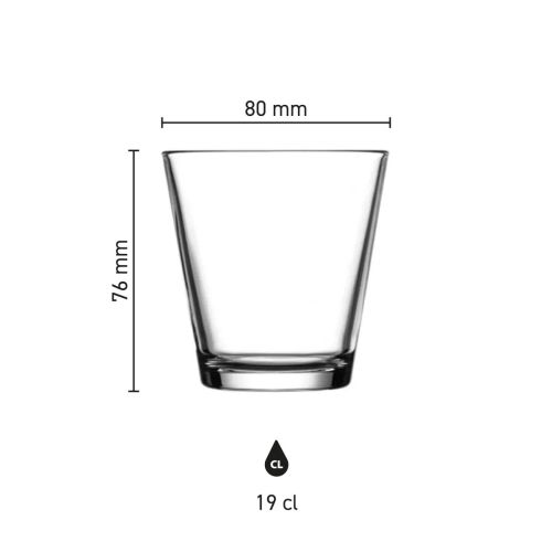 Infographic met productafmetingen van City glas 19 cl., weergegeven in millimeters.