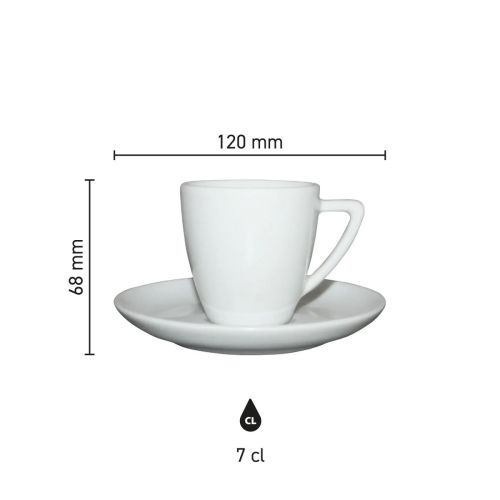 Infographic toont technische maatvoering van Classic Espresso wit 7 cl. SET porselein in millimeters.