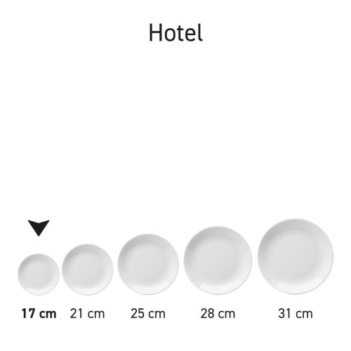 Serie-opstelling van meerdere witte Hotel coupeborden van uit dezelfde porseleinen lijn.
