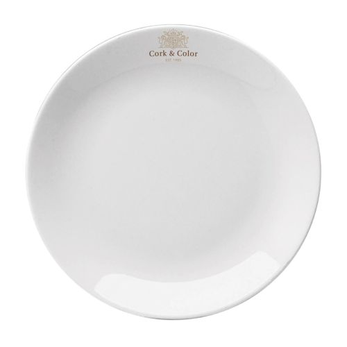 Coupebord Hotel wit 28 cm porselein met kleurrijk CorkColor-logo aan de bovenrand.