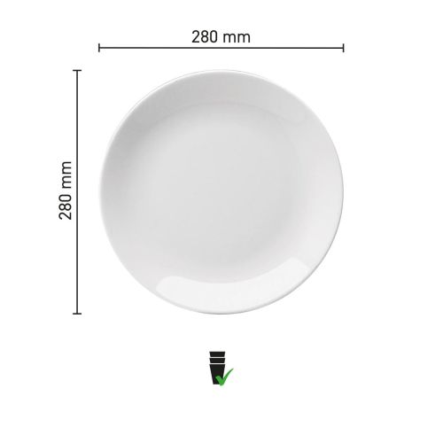 Technische infographic geeft de afmetingen van het Coupebord Hotel wit 28 cm weer.