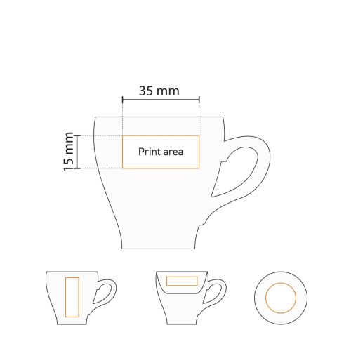 Gedetailleerde werktekening toont het bedrukbare oppervlak van Dom Espresso kop wit 8 cl. uit de Dom-set.