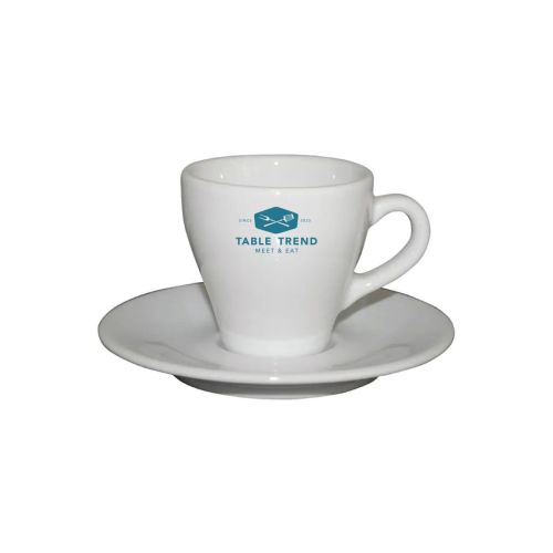 Vooraanzicht van Dom Espresso 8 cl. SET met éénkleurig TableTrend-logo op het witte porselein.