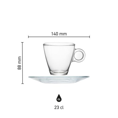 Infographic toont afmetingen van Easy Bar Cappuccino 23 cl. SET met maataanduidingen.