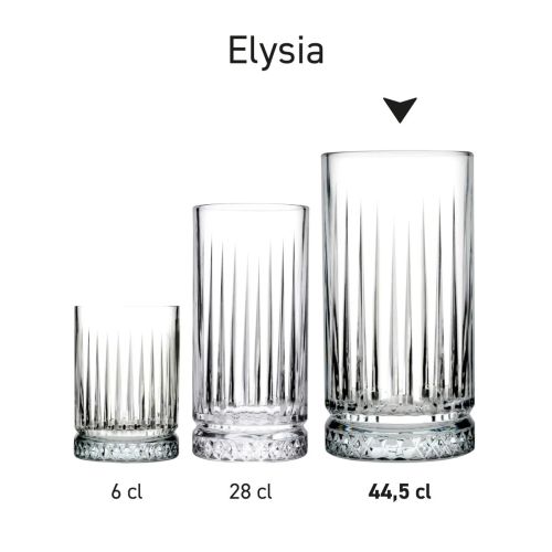 Serie Elysia Longdrink glazen gepresenteerd naast elkaar in diverse opstellingen.