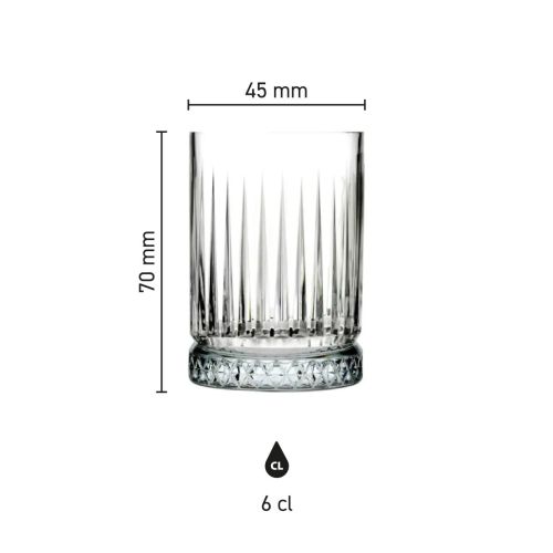 Infographic toont de productafmetingen van het Elysia Shotglas 6 cl. glas.