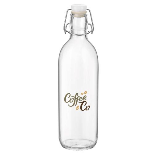 Vooraanzicht van Emilia Fles 1 liter glas met CoffeeCo-logo in 2-4 kleuren op transparant glas.