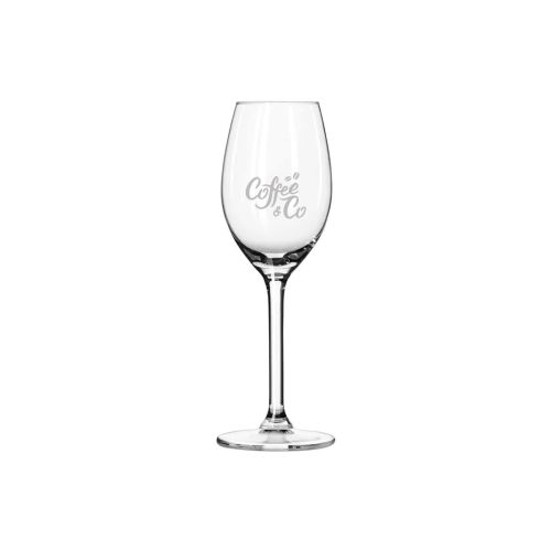 Gravure van het CoffeeCo-logo subtiel verwerkt op de voorkant van het portglas.