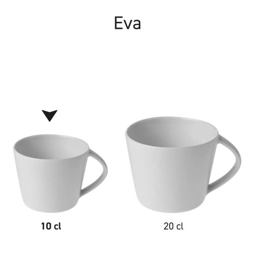 Overzicht van Eva Espresso Kopjes wit 10 cl. en 20 cl. als serie gepresenteerd in porseleinen uitvoering.