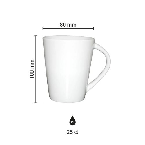 Infographic met afmetingen van witte Eva mok van 25 cl porselein, met schaalverdeling.