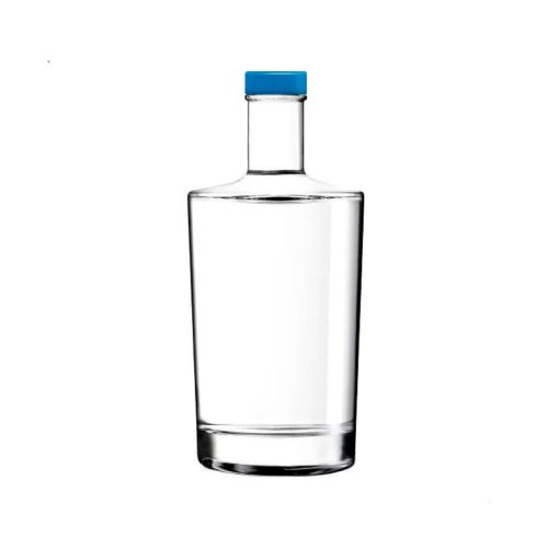 Glazen Fles Neos 0,5 liter met blauwe dop in recht vooraanzicht, transparant en eenvoudig vormgegeven.