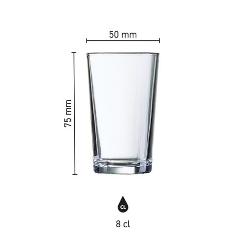 Infographic toont hoogte, diameter en inhoud van het glas Conique 8 cl in detail.