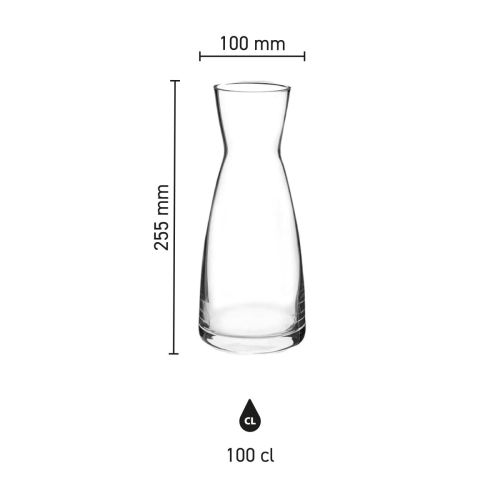 Infographic toont hoogte, diameter en inhoud van karaf Ypsilon 1 liter met kurksluiting.