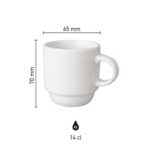 Infographic met afmetingen van de Budgetline Smal koffiekop 14 cl porselein, inclusief inhoud en hoogte.