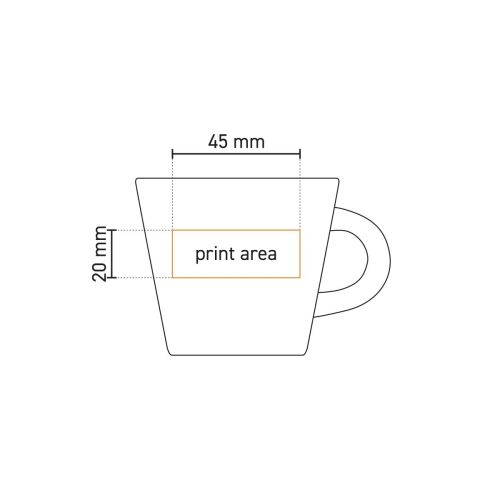 Technische werktekening van koffiekop Neo Budgetline 19 cl porselein, met aanduiding van het drukgebied op de voorzijde.