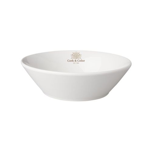 Meerkleurig CorkColor-logo op voorzijde van witte porseleinen kom Neo Budgetline 18 cm.