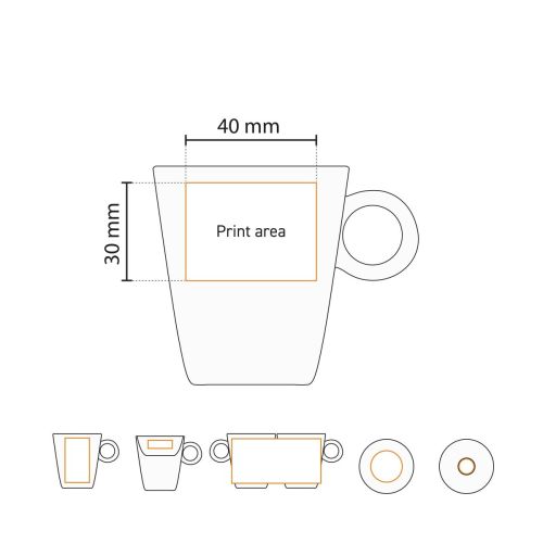 Technische werktekening van de Lukas espresso wit 7.5 cl. SET met aanduiding van het drukgebied.