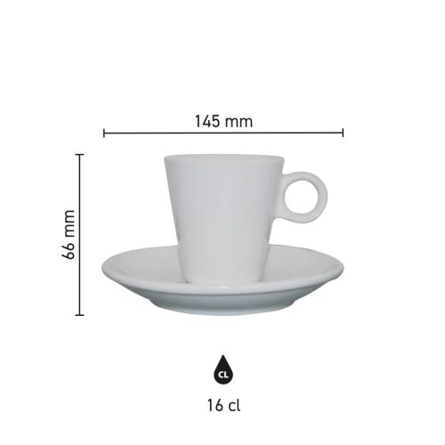 Infographic met de productafmetingen van de Lukas koffie wit 16 cl. set