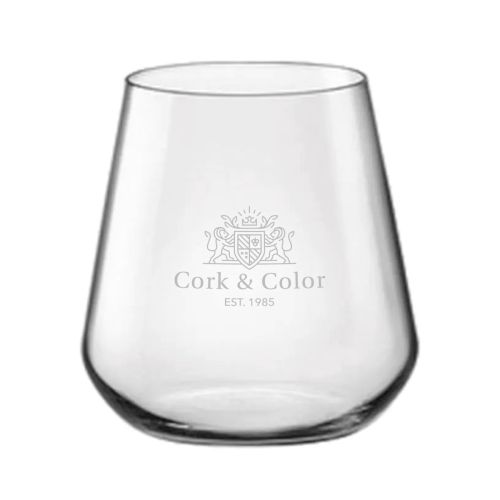Mencia whiskyglas 35 cl. met gegraveerd CorkColor-logo op de voorzijde van het glasoppervlak.