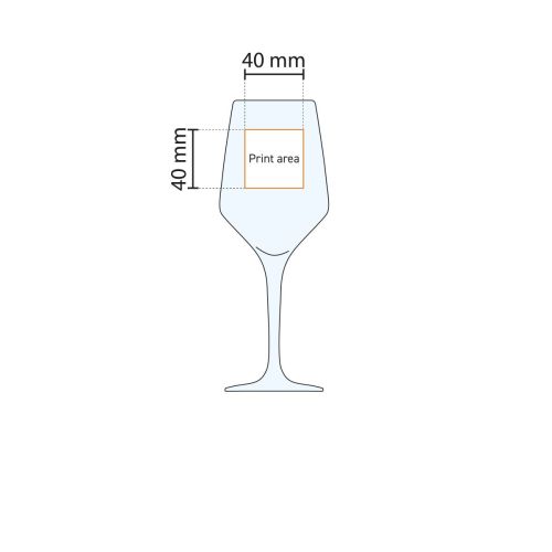 Drukgebied van het Mencia wijnglas 31 cl. aangeduid in een technische werktekening.