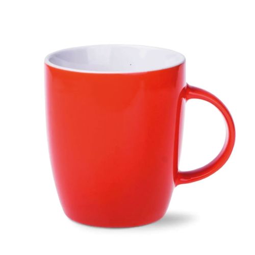 Vooraanzicht van de Mini Specta mok van 28 cl, uitgevoerd in oranje porselein met rechte wand en oor.