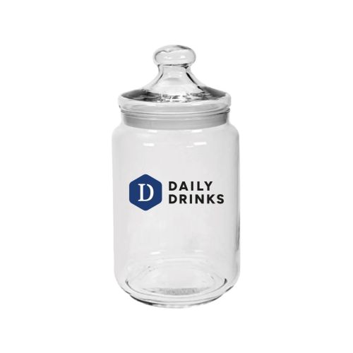 Vooraanzicht van Club snoeppot 1,00 liter van glas met éénkleurig DailyDrinks-logo op het glas.