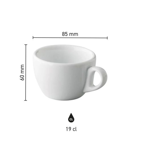 Infographic toont hoogte en diameter van de Style Cappuccino kop 19 cl. porselein.