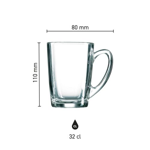Infographic toont afmetingen van New Morning theeglas 32 cl. inclusief hoogte en diameter in mm.