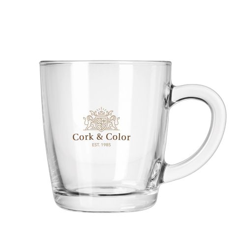 Voorzijde vatheeglas New Morning Laag 32 cl. met kleurrijk CorkColor-logo-opdruk.