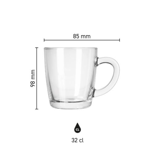 Grafische weergave van de maatvoering van het New Morning Laag theeglas 32 cl als infographic.