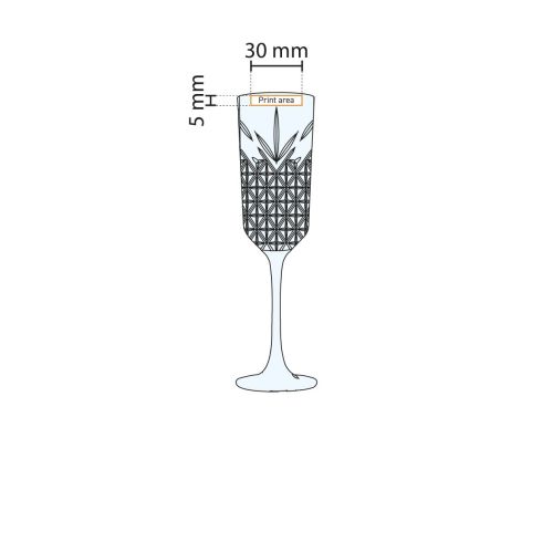Technische werktekening van de Timeless champagneflute 17,5 cl. met aanduiding van het drukgebied.