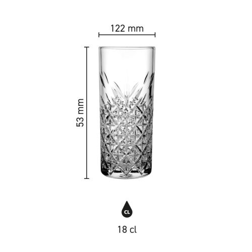 Infographic met de afmetingen van het Timeless Rakiglas 18 cl. glas in duidelijk overzicht.