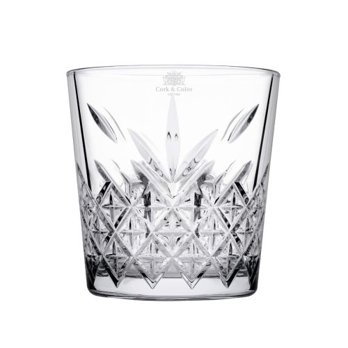 Glashelder Timeless stapelglas met gegraveerd CorkColor-logo op de voorzijde van het 34,5 cl whiskyglas.