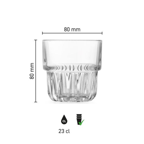 Infographic toont hoogte, diameter en inhoud van het Tumbler Onis glas 23 cl.