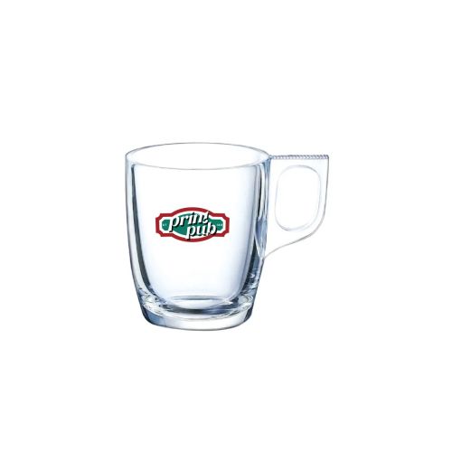 Meerkleurig PrintPub-logo op de voorzijde van het Voluto espressoglas 9 cl. in transparant glas.
