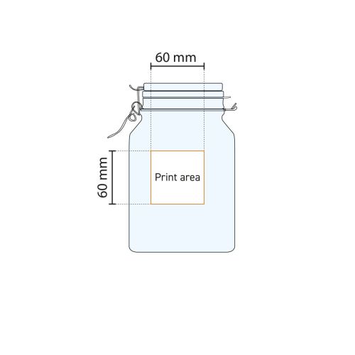Schematische weergave van het drukgebied op de ronde Weckpot Fido 5 liter met exacte logopositie.