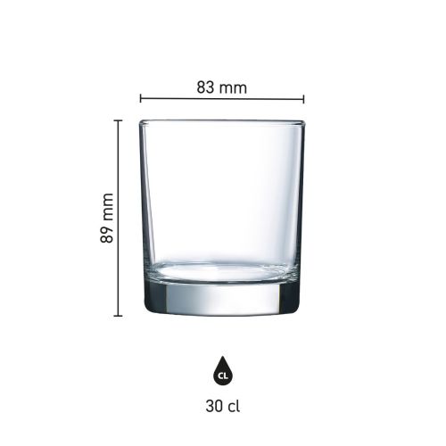 Overzicht van afmetingen whiskyglas 30 cl met grafische weergave van glasvorm en inhoud.