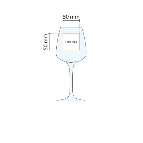 Technische werktekening van het drukgebied op het Aurum wijnglas met exacte logo-positie.